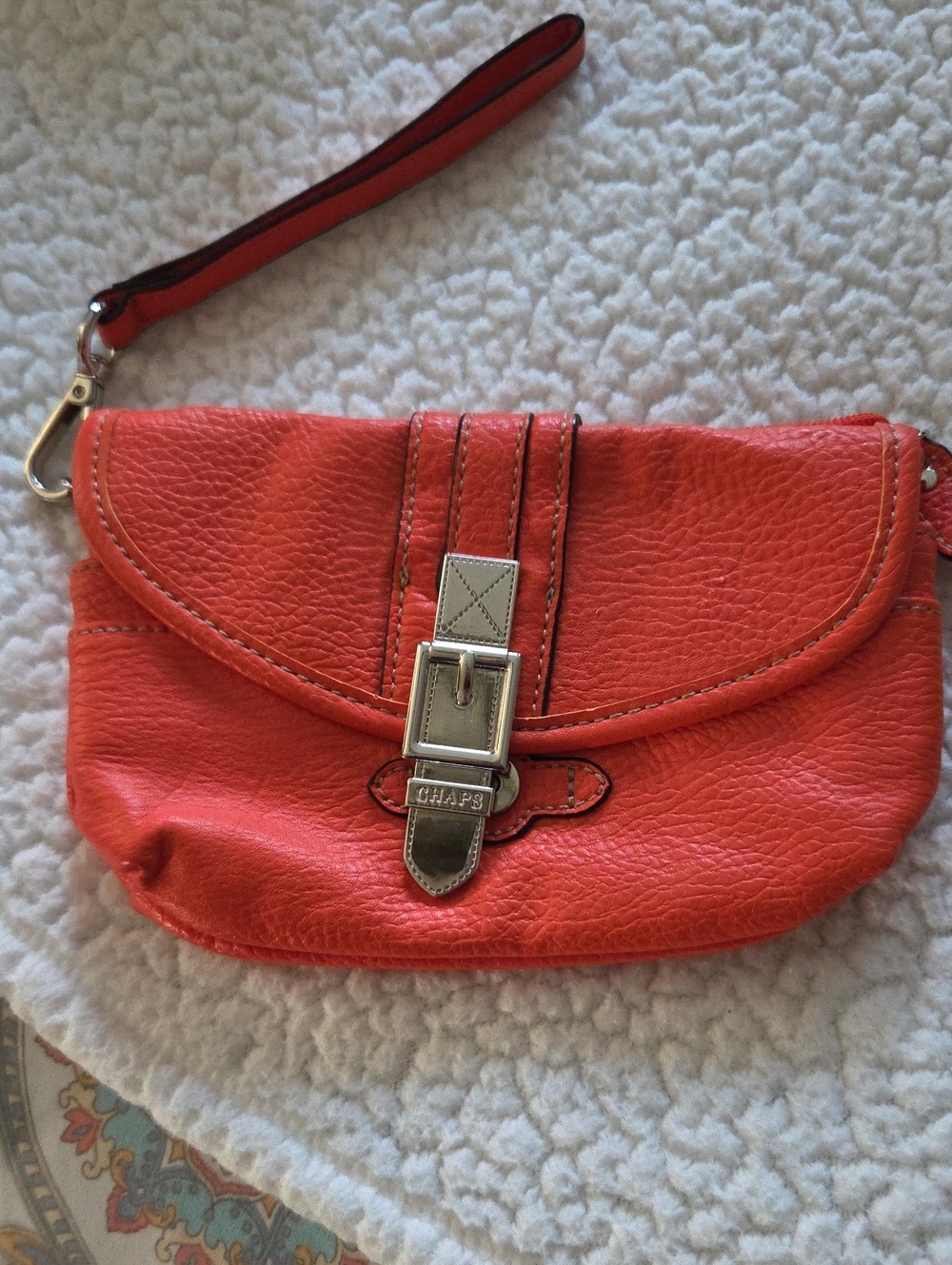 Chaps Coral-Orange Wristlet Clutch with Buckle Detail